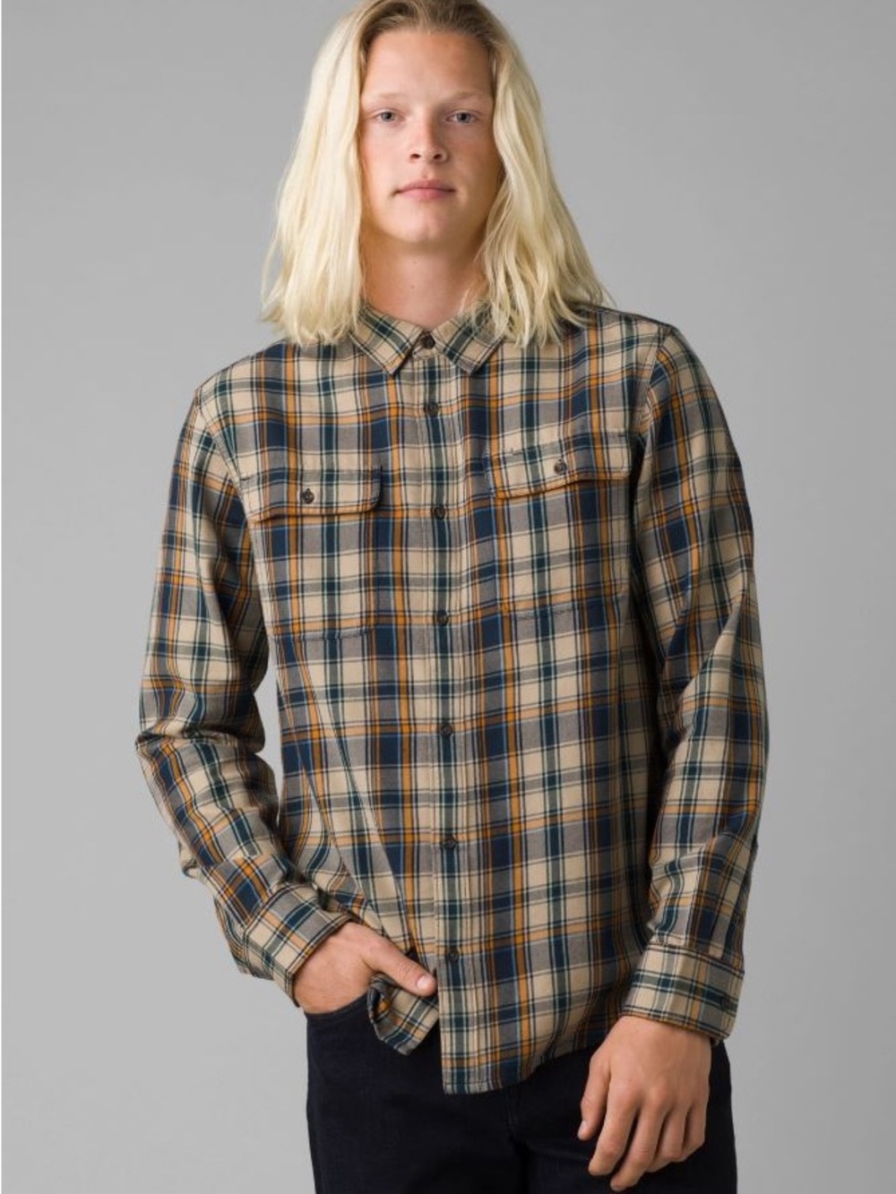Prana Men's Edgewater Button-Down Shirt in Tan and Navy NWT